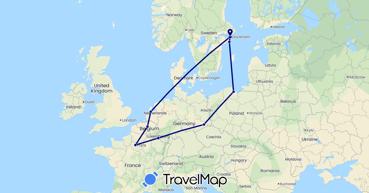 TravelMap itinerary: driving in Belgium, Germany, France, Luxembourg, Netherlands, Poland, Sweden (Europe)